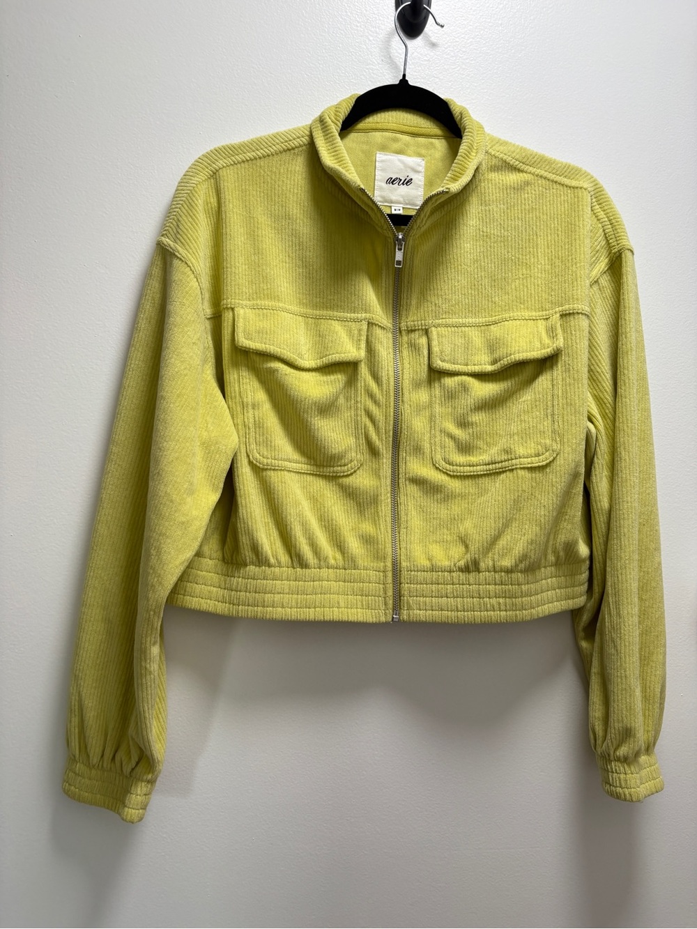 aerie Groove On Velour Lime Neon Citron Corduroy Zip-Up Utility Jacket Cropped